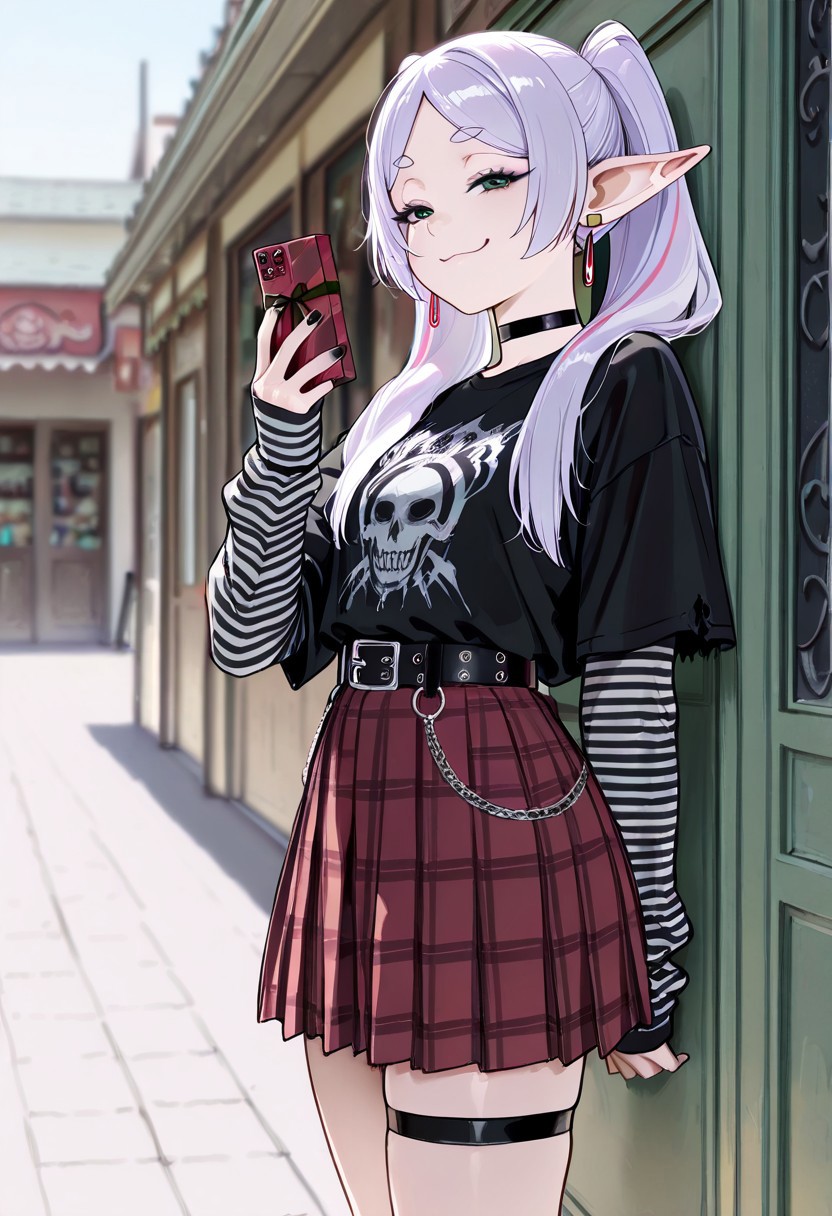 masterpiece, best quality, high score, great score, ultra-detailed, intricate details, very aesthetic, newest, hires, absurdres, from side, <lora:PunkPlaidILL:0.8>, 1girl, solo, frieren,  , white hair, streaked hair, black eyeliner, emo fashion, punk, choker, t-shirt, black shirt, print shirt, short over long sleeves, layered sleeves, sleeves past wrists, torn clothes, torn sleeves, frayed clothes, frayed sleeves, thumb hole sleeves, striped clothes, pleated skirt, red skirt, plaid, belt, thigh strap, black nails, standing, against wall, hand up, right in fron of viewer, smug face, she hide somthing behind her back, ready for a surprise, looking at viewer, bored, outdoors, day, storefront, depth of field, blurry background,   you can just give this kind of thing to men and they will be thrilled (meme), smug, holding "gift box"