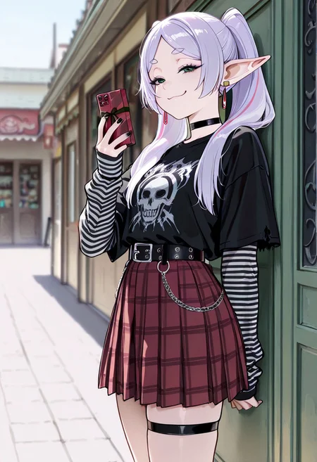 masterpiece, best quality, high score, great score, ultra-detailed, intricate details, very aesthetic, newest, hires, absurdres, from side, <lora:PunkPlaidILL:0.8>, 1girl, solo, frieren, , white hair, streaked hair, black eyeliner, emo fashion, punk, choker, t-shirt, black shirt, print shirt, short over long sleeves, layered sleeves, sleeves past wrists, torn clothes, torn sleeves, frayed clothes, frayed sleeves, thumb hole sleeves, striped clothes, pleated skirt, red skirt, plaid, belt, thigh strap, black nails, standing, against wall, hand up, right in fron of viewer, smug face, she hide somthing behind her back, ready for a surprise, looking at viewer, bored, outdoors, day, storefront, depth of field, blurry background, you can just give this kind of thing to men and they will be thrilled (meme), smug, holding "gift box"