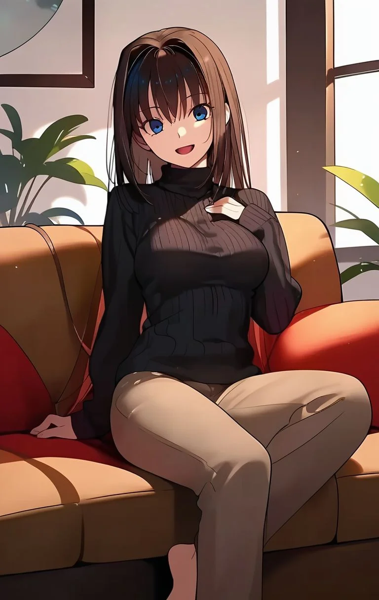 <lora:PONY_character_aozaki_aoko:1>,aozaki_aoko, 1girl, solo, sweater, sitting, smile, barefoot, ribbed_sweater, turtleneck, open_mouth, indian_style, pants, couch, looking_at_viewer, score_9, score_8_up, score_7_up, score_6_up,1girl