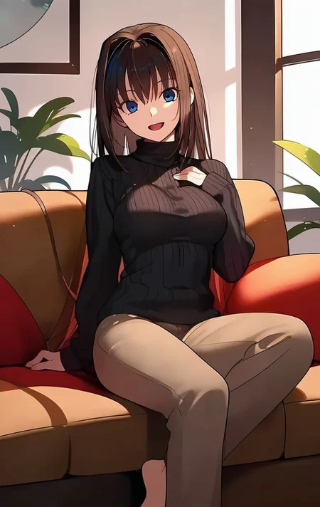<lora:PONY_character_aozaki_aoko:1>,aozaki_aoko, 1girl, solo, sweater, sitting, smile, barefoot, ribbed_sweater, turtleneck, open_mouth, indian_style, pants, couch, looking_at_viewer, score_9, score_8_up, score_7_up, score_6_up,1girl