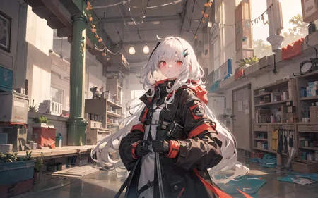((pixel art)),masterpiece, best quality, cinematic lighting,soft lighting,(1girl :1.3),morning,red eyes,beautiful white hair,(TechWear :1.1),transparent raincoatblack gloves,Black coat,(with red ornaments:1.05),(with blue ornaments:1.03),looking to the side,flat chest,raining,beautiful detailed water,beautiful detailed sky,ruins