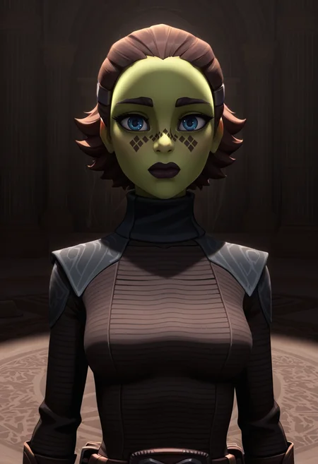 <lora:Barriss_Offee:1> barriss_offee, 1girl, female focus, mirialan, green_skin, face_tattoo, diamond_face_tattoo, original_appearance, brown_hair, alternative_outfit, clone_wars_style, star_wars_background