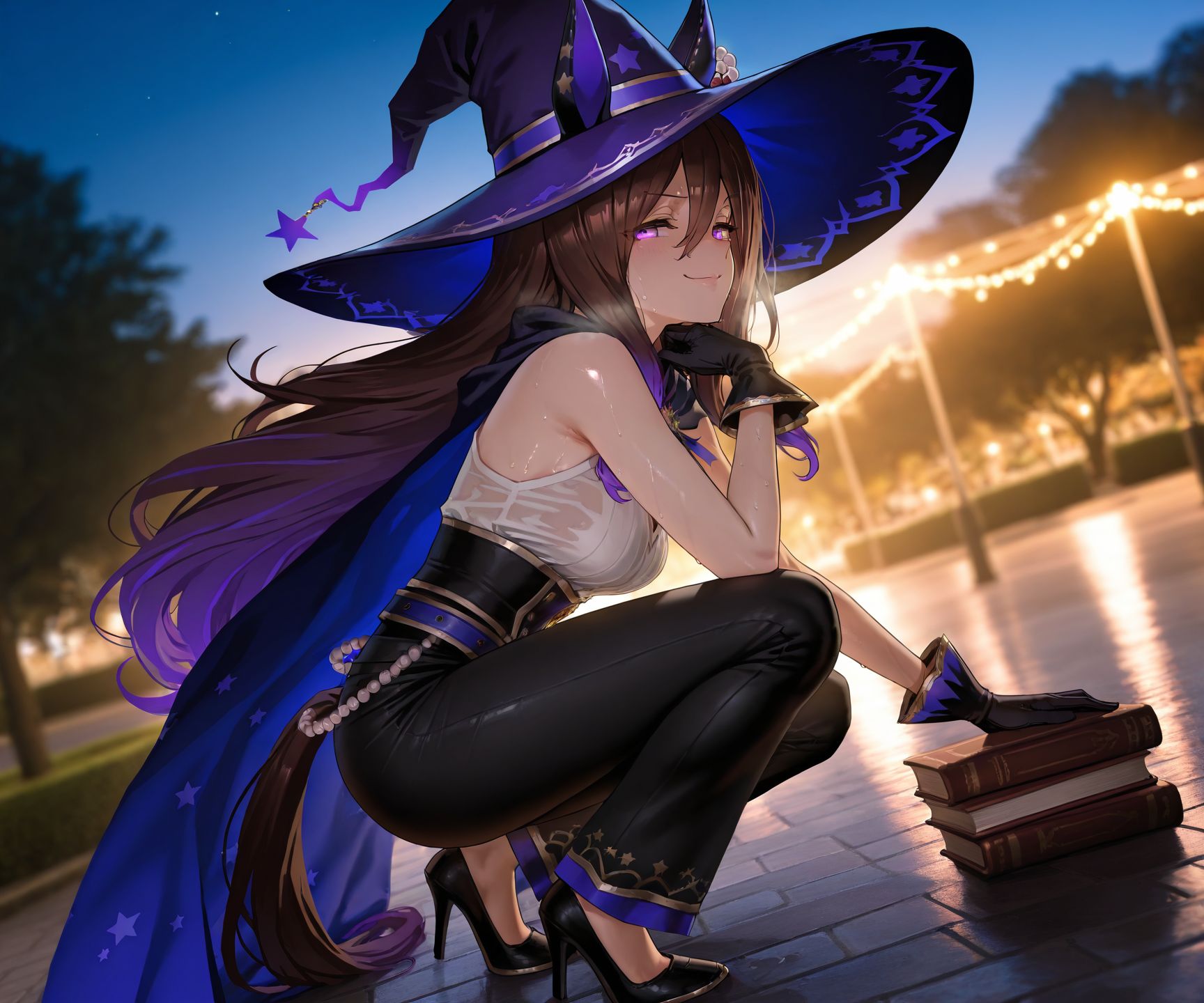 masterpiece, best quality, amazing quality, very aesthetic, high resolution, ultra-detailed, absurdres, newest, scenery, 
1girl, umamusume, seeking the pearl \(be-witched\) \(umamusume\), sweat, wet, steaming body, horse tail, horse girl, 
black gloves, sleeveless, cape, high heels, ear covers, ears through head wear, purple headwear, black pants, star \(symbol\), official alternate costume, chaps, books, 
outdoors, park, night, squatting, 
cowboy shot, looking at viewer, smug, <lora:seekingthepearlillv1:1>,, glowing, colorful, photorealistic, shiny_skin,dutch angle, <lora:arcain-2411:0.4>,, HDR,photo background,detailed eyes,detailed hands,detailed clothing,detailed shading,dim lighting,chiaroscuro,BREAK depth of field,masterpiece,best quality,amazing quality,very aesthetic,high resolution,ultra-detailed,absurdres,newest,scenery,volumetric lighting,