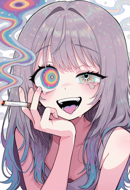 1 girl , solo , rainbow eye , big eye , smoking , rainbow smoke , happy , tear , laughing ,
masterpiece, best quality, good quality, very awa, newest, highres, absurdres, edanoma_meu_illu ,trippy ,