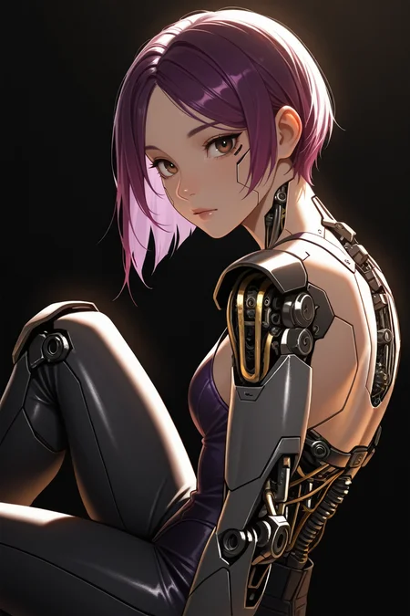 masterpiece, best quality, absurdres,
<lora:ILCyberSongbird:0.8>
CyberSongbird, 1girl, purple hair, short hair, brown eyes, cyborg, looking at viewer, sitting, knee up, from the side, black background, back lighting