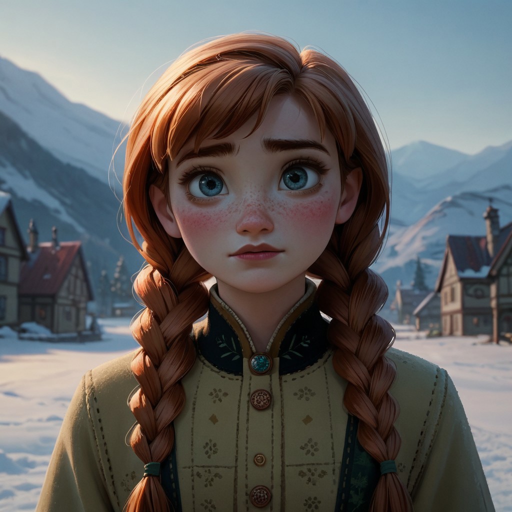 score_9, score_8_up, score_7_up, score_6_up, score_5_up, score_4_up, Anna, freckles, red hair, blushing, portrait, twin braids, snowy landscape
