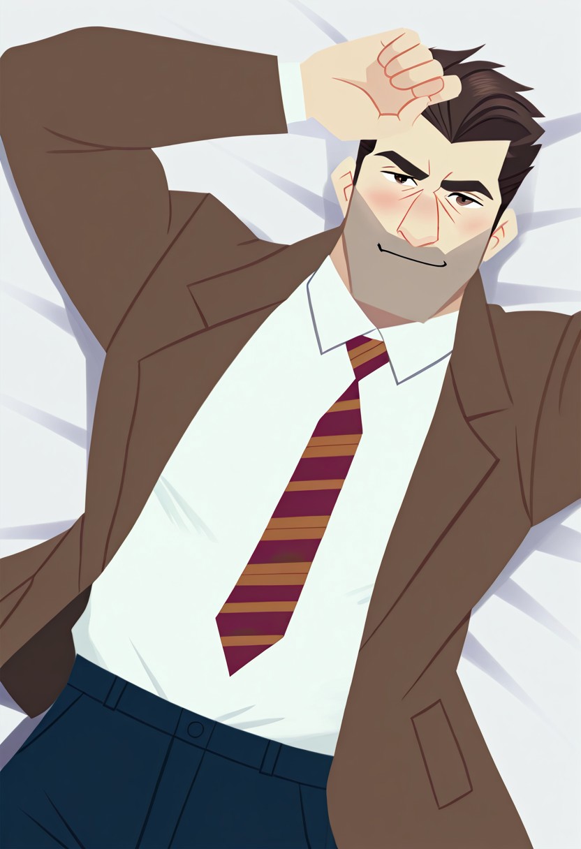 score_9, score_8_up, score_7_up, score_6_up, perfect anatomy, perfect proportions, best quality, masterpiece, high_resolution, high quality, highres, extremely detailed, huge filesize, solo male, adult, mature, masculine, manly, handsome, charming, alluring, upper body, dutch angle, cowboy shot, perfect face, (flat art, source_cartoon, cartoon coloring:1.5), CSChase, Chase Devineaux, brown eyes, brown hair, short hair, hair slicked back, sideburns, facial hair, stubble, white collared shirt, diagonal stripe necktie, red/brown/gray necktie, three-tone necktie, brown jacket, open jacket, dark blue pants, open fly, black socks, lying on bed, on back, feet out of frame, blush, erotic, kinky, lewd, seductive, expressive face, dynamic angle, foreshortening, pov, intricately detailed illustration, atmospheric perspective, depth of field, newest, seductive_pose, shading, countershading, detailed shading, detailed skin, realistic shading, intricate details, movie still, vibrant, vivid, stardom, glamorous, extraordinary achievement, award-winning, expressionist, cinematic still, emotional, cinemascope, moody, epic, gorgeous