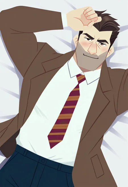 score_9, score_8_up, score_7_up, score_6_up, perfect anatomy, perfect proportions, best quality, masterpiece, high_resolution, high quality, highres, extremely detailed, huge filesize, solo male, adult, mature, masculine, manly, handsome, charming, alluring, upper body, dutch angle, cowboy shot, perfect face, (flat art, source_cartoon, cartoon coloring:1.5), CSChase, Chase Devineaux, brown eyes, brown hair, short hair, hair slicked back, sideburns, facial hair, stubble, white collared shirt, diagonal stripe necktie, red/brown/gray necktie, three-tone necktie, brown jacket, open jacket, dark blue pants, open fly, black socks, lying on bed, on back, feet out of frame, blush, erotic, kinky, lewd, seductive, expressive face, dynamic angle, foreshortening, pov, intricately detailed illustration, atmospheric perspective, depth of field, newest, seductive_pose, shading, countershading, detailed shading, detailed skin, realistic shading, intricate details, movie still, vibrant, vivid, stardom, glamorous, extraordinary achievement, award-winning, expressionist, cinematic still, emotional, cinemascope, moody, epic, gorgeous
