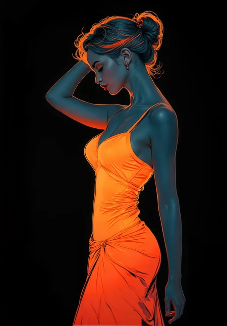 This striking artwork features a stylized portrait of a woman bathed in vibrant neon hues, blending elements of elegance with a futuristic aesthetic. The woman stands in profile, her feminine shapely yet curvy figure accentuated by a sleek, form-fitting dress that radiates in a brilliant orange, contrasting sharply with the cool gray tones of her skin. The dress drapes smoothly along her body, catching the light in a way that emphasizes its texture and the graceful curve of her silhouette. The lighting is bold and dramatic, with intense highlights and shadows that create a sense of depth and intrigue. Her hair is styled in a loose updo, with tendrils softly framing her face and catching the vivid light, creating an almost halo-like effect around her head. The neon glow of the orange light wraps around her form, casting delicate reflections that seem to blend seamlessly into the deep black background, making her appear both ethereal and grounded. The contrast between the warm glow of the orange and the coolness of the gray gives the piece a dual-toned, cinematic quality, reminiscent of cyberpunk art styles. Her expression is serene and introspective, with her head gently tilted and her arm resting above, adding a touch of elegance and poise. The simplicity of the composition, combined with the striking color palette and precise lines, evokes a sense of both modernity and timeless beauty, as if capturing a moment suspended in time within a neon-lit dreamscape. <lora:flux_bra2ha_noirV2_bnr:0.8> BNR style highlights.