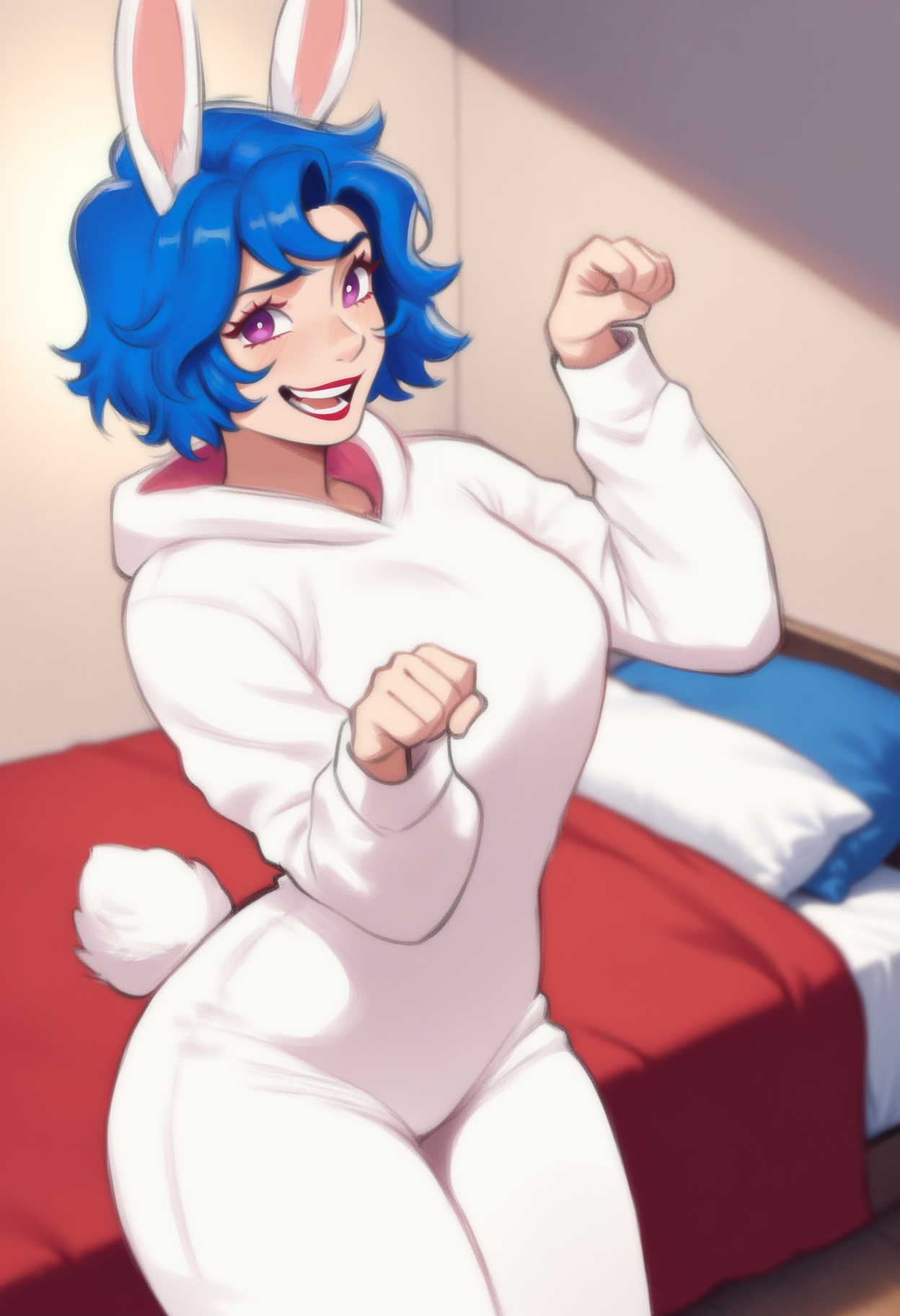 masterpiece, best quality, 1girl, solo,  <lora:NSEmilyStardew:1> NSEmilyStardew, blue hair, purple eyes, red lipstick, short hair, paw pose, white onesie, bedroom, laughing, rabbit tail, rabbit ears, looking at the viewer