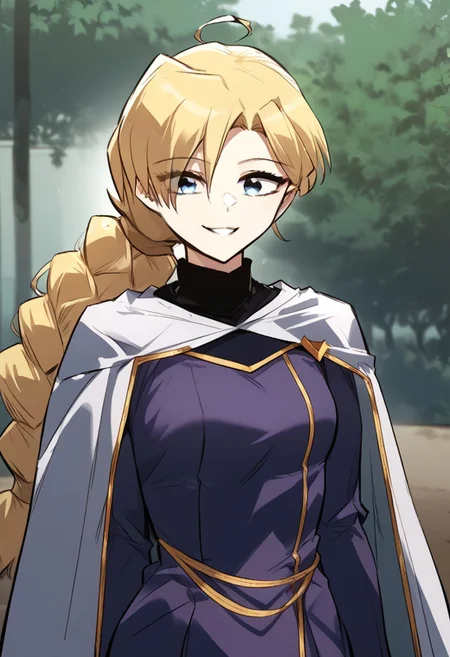 zPDXL3, score_9_up, score_8_up, score_7_up, (Anime_source), 1girl, KirilParreira, blue eyes, blonde hair, long hair, single braid, Kiril clothes, leaning towards viewer, arms on back, cowboy shot, looking at viewer, smile, parted lips