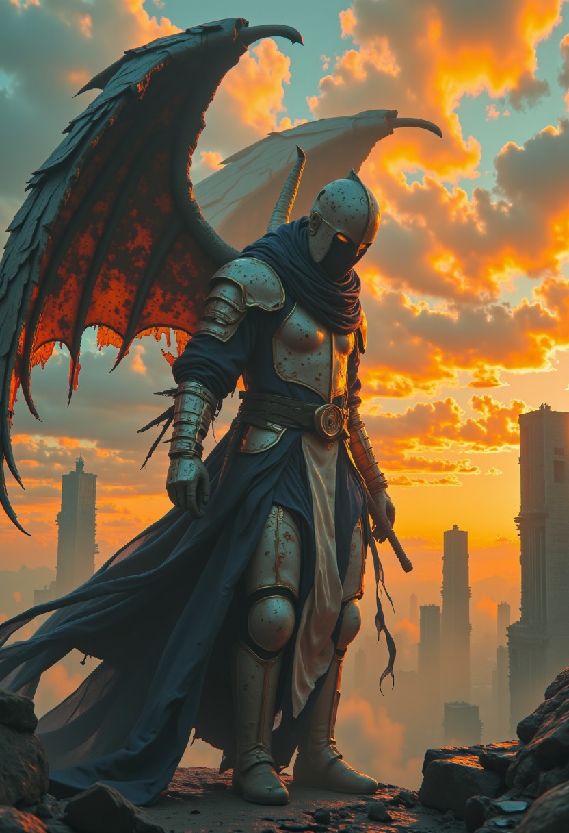 A chilling close-up portrait of a spectral angel in radiant white and gold armor. His face is partially obscured by a helmet with glowing eyes, and massive, bat-like wings protrude from his back, dark and foreboding. Torn fabric of a once-glorious cape flutters in the cold breeze of a ruined, forsaken celestial temple. The sky above swirls in ominous gold and silver, with the faintest trace of an ancient, dying sun struggling to shine through the thick fog