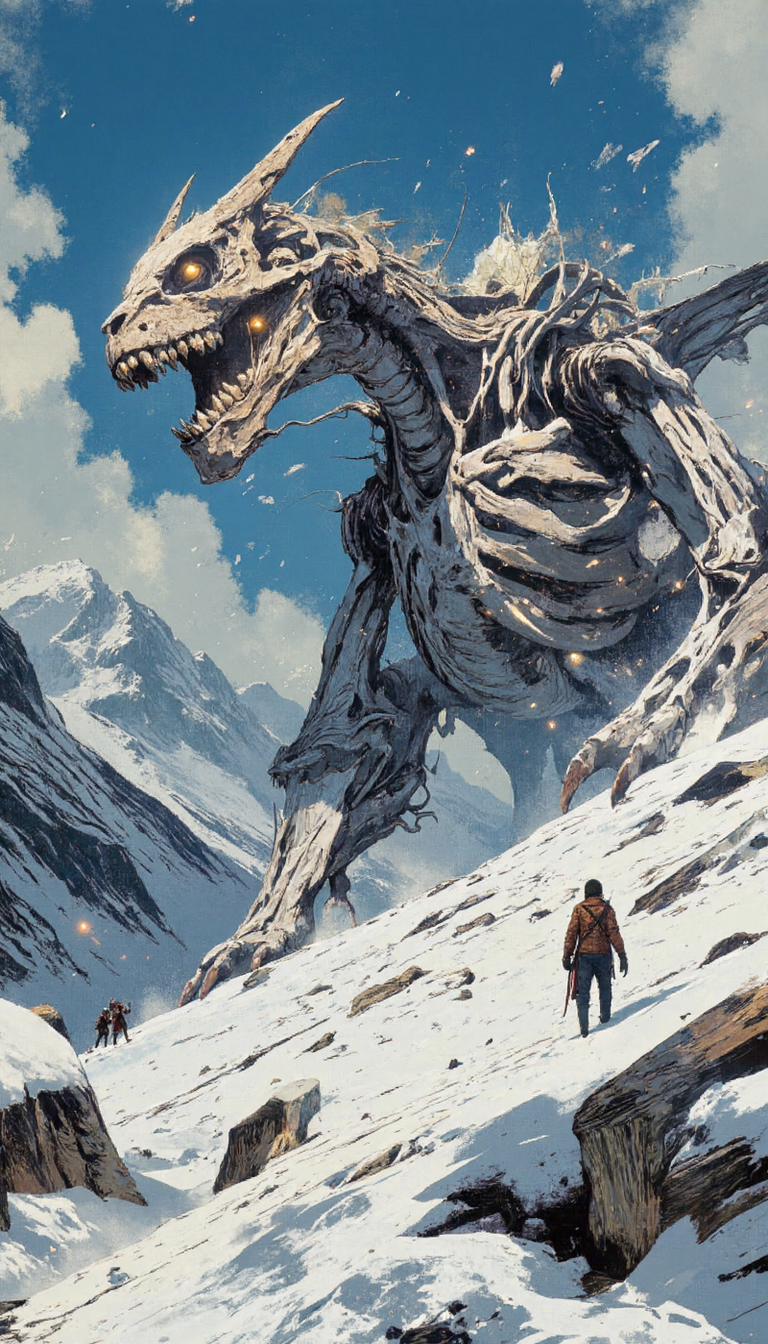 crayon,glow, A colossal, skeletal dragon, bleached white by the elements, sprawls across a snow-laden mountain pass. Rendered with hyperrealistic detail in a muted palette of icy blues and greys, the behemoth's skeletal structure, reminiscent of gothic cathedrals, should be awe-inspiring and dreadful. Two diminutive figures, clad in furs, traverse the snowdrift below, dwarfed by the sheer magnitude of the fallen titan. Employ a wide-angle lens, capturing the vastness of the wintry panorama with its cerulean sky and distant peaks. Focus on the juxtaposition of the minute figures against the colossal dragon, emphasizing the ephemeral nature of life against the backdrop of time. Light streams through the skeletal ribcage, casting long shadows across the snowdrifts. Enhance the scene with a palpable sense of desolation and wonder, as if the very air whispers tales of ancient battles and fallen gods.
