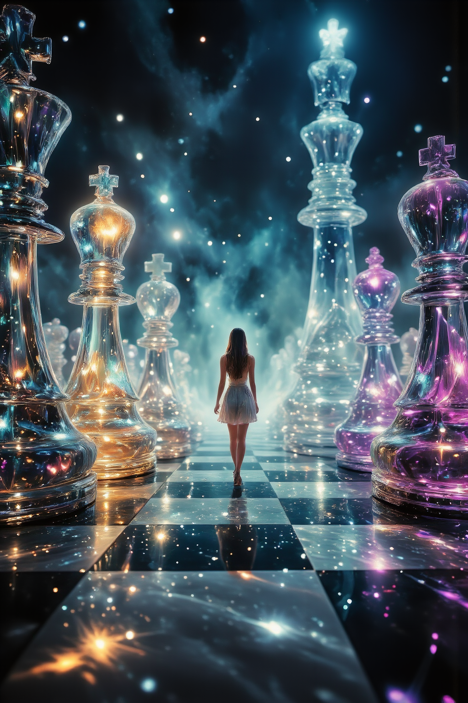 A surreal, dreamlike setting unfolds on a vast, oversized chessboard composed of black and white squares that seem to stretch into infinity. Enormous, transparent crystal chess piecesâKing, Queen, Knights, Bishops, Rooks, and Pawnsâstand majestically, each piece infused with glowing, shimmering particles of light that twinkle like stars inside the translucent surfaces. These radiant chess pieces, with their prismatic glow of blues, purples, and golds, tower above the scene, their sheer size imposing yet mesmerizing.
In the midst of this ethereal landscape, a lone woman stands, looking lost and bewildered. The camera captures her from a low-angle perspective, emphasizing her vulnerability against the towering crystal chess pieces. Her figure is sharply detailed, while the background, including the chessboard and massive pieces, remains softly blurred, creating an intense focus on her expression and body language. The woman's gaze is filled with confusion and awe as she wanders, her delicate features lit by the soft glow of the chess pieces. Her posture is tentative, as though she's trying to find her way in this mystical, oversized world.
The scene is rendered with high contrast and saturated colors, each glowing detail meticulously captured to create a hyper-realistic effect. The lighting casts a magical aura over the woman and the chess pieces, with every reflective facet of the crystal structures shimmering in the soft, diffused light. The atmosphere is filled with an otherworldly ambiance, blending high-quality textures, sharp details, and an ultra-realistic style, creating a sense of both surreal beauty and isolation.
<lora:Midjourney_-_SemiReal_Dreams_FLUX_LoRA:0.85>
<lora:ImageUpgraderV2:0.6> detailmaximizer
<lora:aidmaGLOWV4wc:0.6> aidmaGlow
<lora:zavy-drkcnmtc-fxl:0.6> zavy-drkcnmtc
<lora:Space-flux:0.6> noc-space 
<lora:MidjourneyV6.1:0.6> midjourneyv6.1