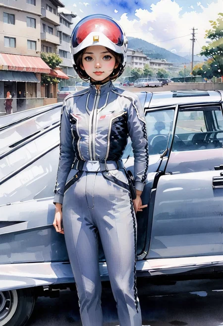A watercolor painting of a girl,<lora:pointer_sdxl:1>,<lora:aesthetic_anime_v1s:0.9>,
1woman,solo,TDF-UG,anne,Standing by the car,helmet,posing,