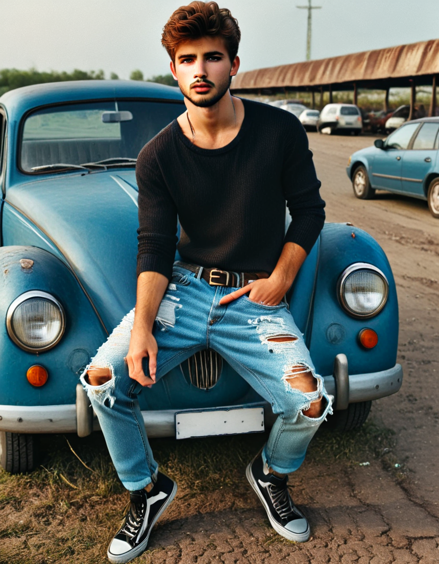 cinematic still 2000sfashionlora, 1boy, male focus, car, motor vehicle, ground vehicle, solo, facial hair, torn pants, jeans, realistic . emotional, harmonious, vignette, 4k epic detailed, shot on kodak, 35mm photo, sharp focus, high budget, cinemascope, moody, epic, gorgeous, film grain, grainy, 2000sfashionlora, 1boy, male focus, car, motor vehicle, ground vehicle, solo, facial hair, torn pants, jeans, realistic, very detailed, artistic, vibrant colors, complimentary atmosphere, full background, cinematic, light shining, sharp, perfect composition, aesthetic, highly intricate, stunning, beautiful, innocent, symmetry, inspired, rich deep color