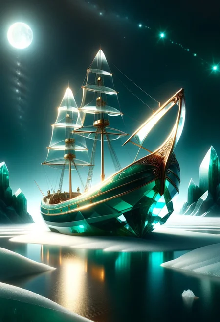 An ice boat made entirely of transparent crystal sailing on a frozen lake. It is entirely made out of transparent glass crystal with a depth that reflects what looks like the universe of galaxies and stars, ultra detailed, enhanced, prismatic colors, render, CRU, sharp, 8k, octane render, cinema 4d, blender, dark, atmospheric 4k ultra detailed, cinematic, Sharp focus, big depth of field, Masterpiece, colors, 3d octane render, 4k, concept art, hyperrealistic, Vivid colors, extremely detailed 8k wallpaper, Intricate, High Detail. Moonlit night scene with the boat focused in the light of several high intensity spotlights. Camera is looking down and sideways as the car. emeraldmorph