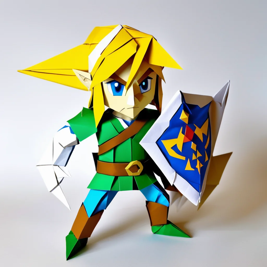 origami style A detailed paper model of Link from "The Legend of Zelda," battling paper monsters in a folded kingdom . paper art, pleated paper, folded, origami art, pleats, cut and fold, centered composition