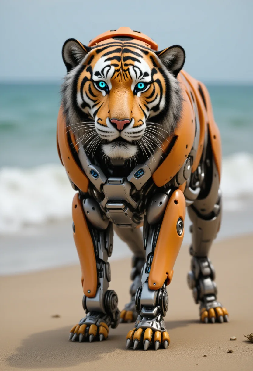 Robo, Robotic, Tiger, Saturated beach in background, shallow depth of field, atmospheric perspective, award winning, set logical ambient background, stunning detail, pure, polished, dynamic, holy, fine detail, dynamic dramatic composition, ambient, <lora:FluxRoboStyle:1>