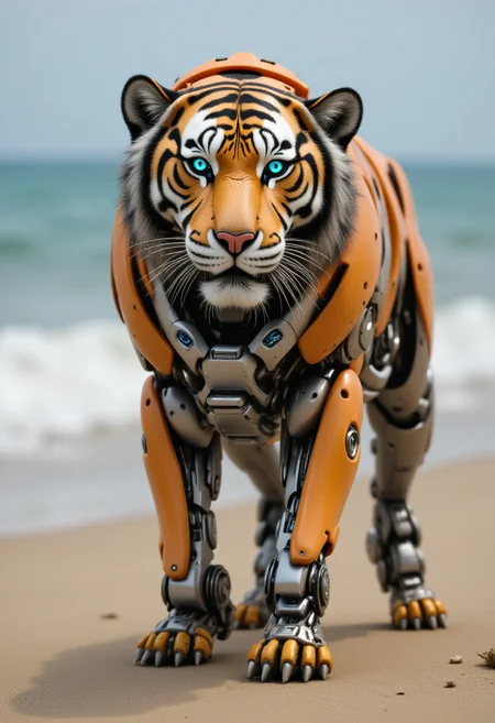 Robo, Robotic, Tiger, Saturated beach in background, shallow depth of field, atmospheric perspective, award winning, set logical ambient background, stunning detail, pure, polished, dynamic, holy, fine detail, dynamic dramatic composition, ambient, <lora:FluxRoboStyle:1>
