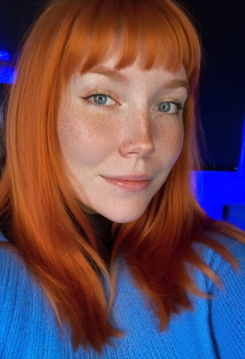 fair skin with freckles, long hair, very long hair, orange hair with a reddish tint, straight hairstyle, bangs,
cool artificial lighting, wearing a bright blue knit sweater, bright blue eyes, medium-length brown hair, wearing a black high-neck sweater, 
light smile with a hint of contemplation.