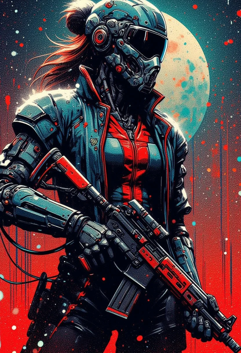 mad-cbrpnksplshrt, silhouette art, chiascuro, female space pirate in blue and red power armour, helmet with a clear visor reflecting light, hyperdetailed helmet, holding an assault rifle, abstract background suggesting a dusty planet, falling snow, in a dark night