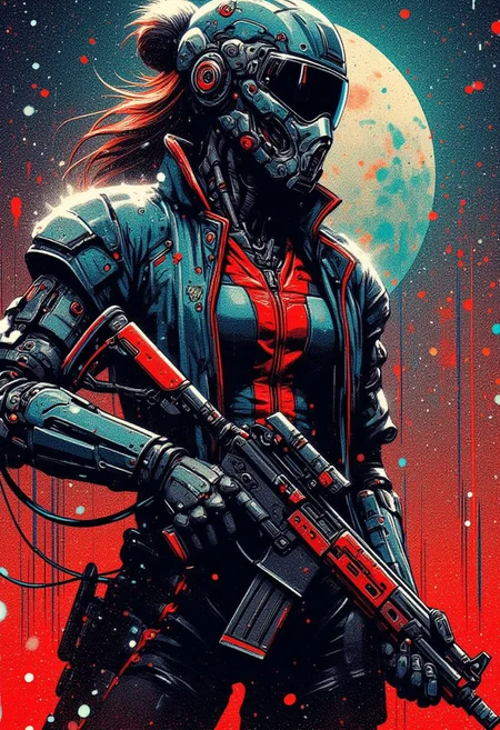 mad-cbrpnksplshrt, silhouette art, chiascuro, female space pirate in blue and red power armour, helmet with a clear visor reflecting light, hyperdetailed helmet, holding an assault rifle, abstract background suggesting a dusty planet, falling snow, in a dark night
