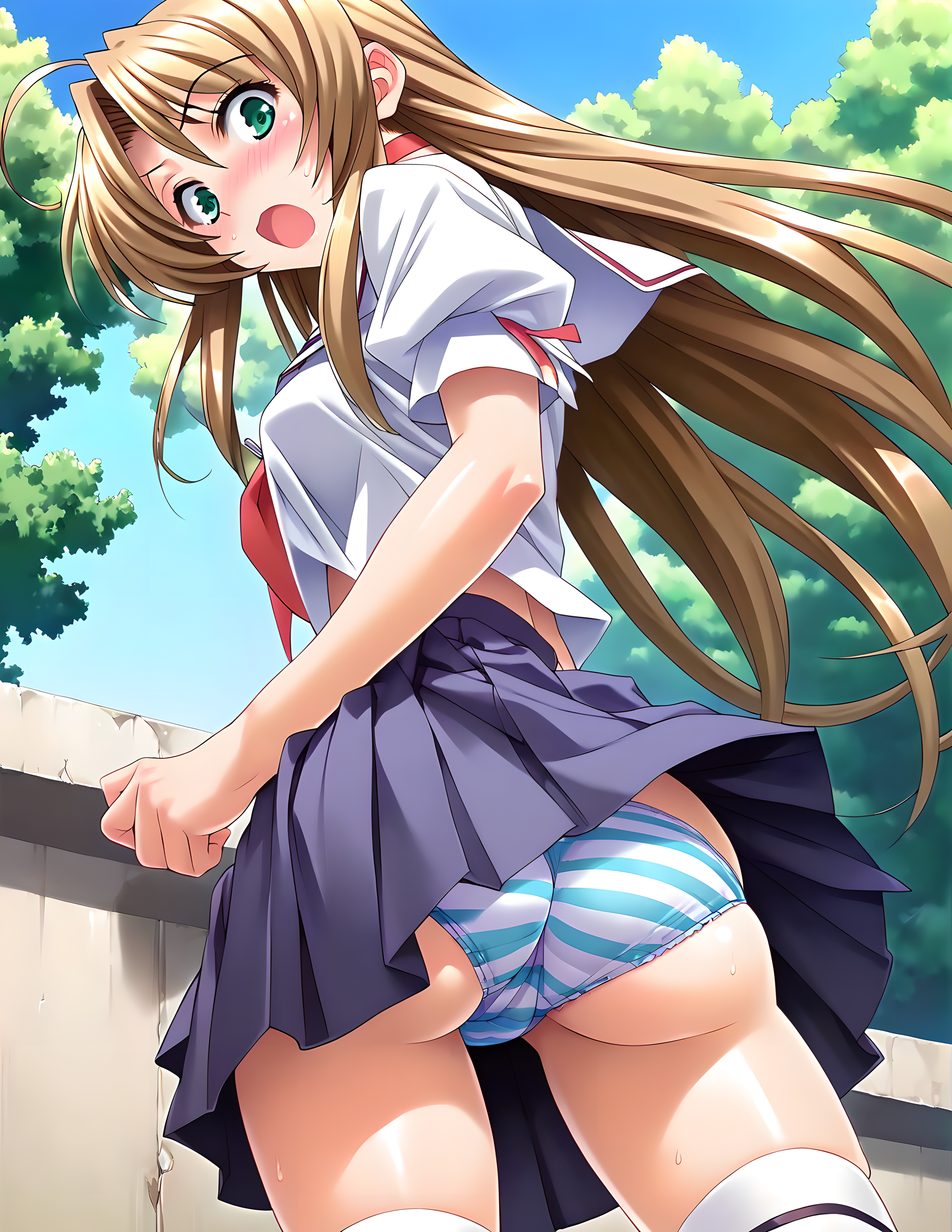 <lora:pony_xl_sae:0.8>,sae,score_9,score_8_up,score_7_up,source_anime,1girl,solo,choker,school uniform,puffy short sleeves,skirt,white thighhighs,underwear,striped panties,striped,ass,pantyshot,looking_back,light_blush,surprised look,embarrass,