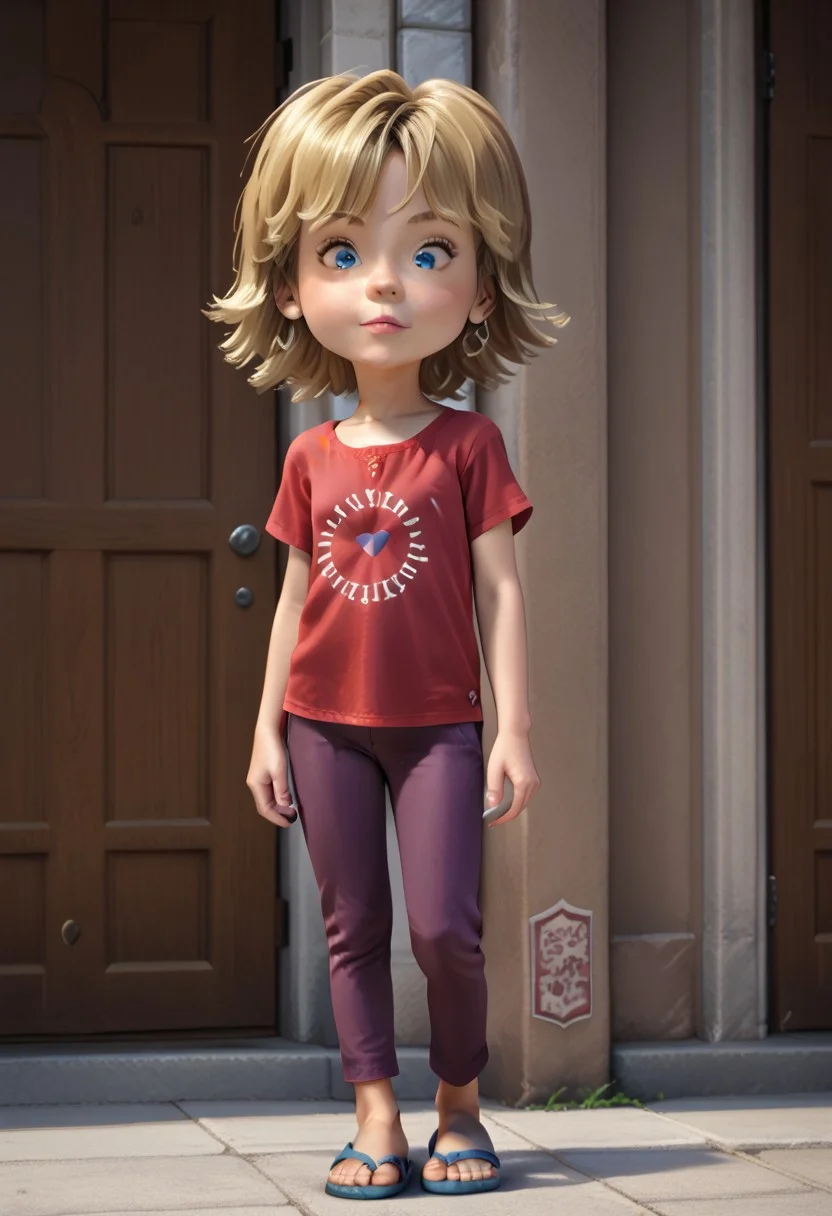 score_9, score_8_up, score_7_up, cinematic photo, Tiffany Nickle, 1girl, solo, skinny, blonde medium-length hair, baby blue eyes, button nose, shirt, pants, flip-flops, full body, full body shot,