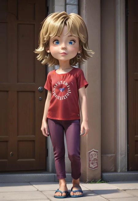 score_9, score_8_up, score_7_up, cinematic photo, Tiffany Nickle, 1girl, solo, skinny, blonde medium-length hair, baby blue eyes, button nose, shirt, pants, flip-flops, full body, full body shot,