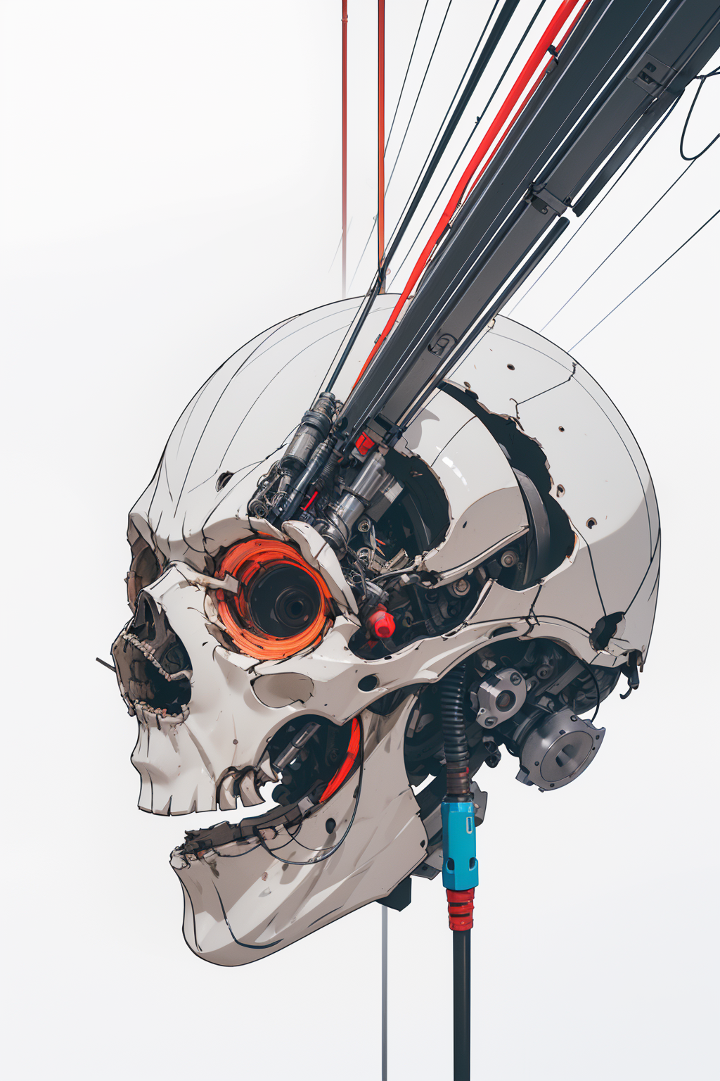 <lora:bb3l15:1> color tubes and wires mechanical, sliced skull in the midle, in the style of bb3l15 (over white background), spider web