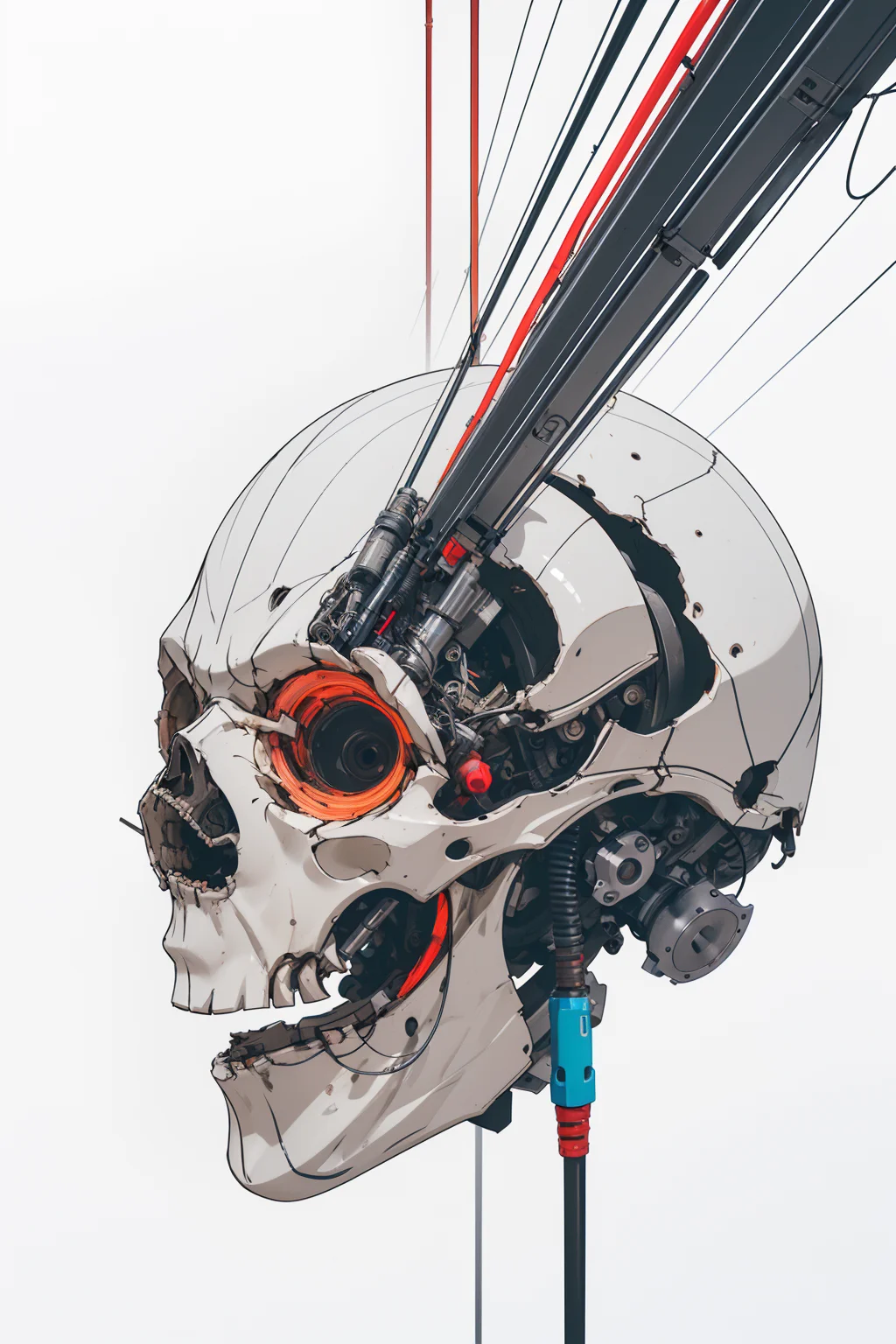 <lora:bb3l15:1> color tubes and wires mechanical, sliced skull in the midle, in the style of bb3l15 (over white background), spider web