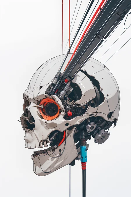 <lora:bb3l15:1> color tubes and wires mechanical, sliced skull in the midle, in the style of bb3l15 (over white background), spider web