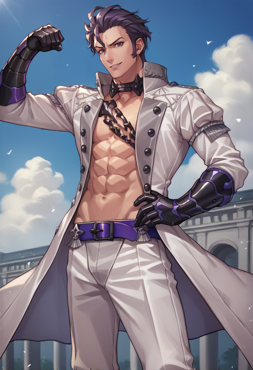 score_9, score_8_up, score_7_up, source_anime, 1boy, solo, looking at viewer, smile, hand on hip, flexing, <lora:BalthusFE-pdxl:1> balthusFE, open jacket, white jacket, black gloves, gauntlets, abs, chain, choker, purple belt, pants, outdoors, sky, cloud