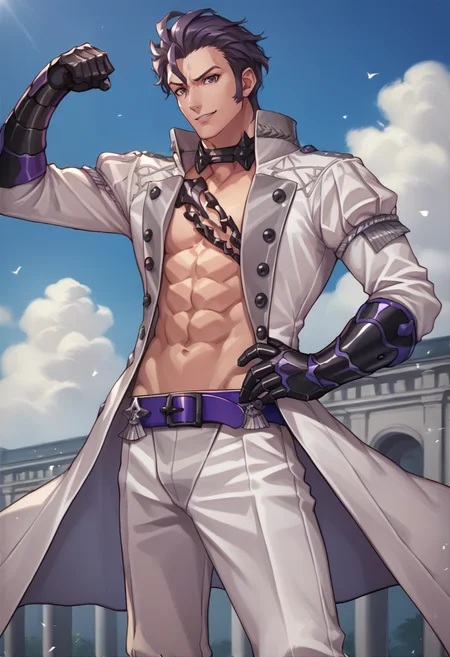 score_9, score_8_up, score_7_up, source_anime, 1boy, solo, looking at viewer, smile, hand on hip, flexing, <lora:BalthusFE-pdxl:1> balthusFE, open jacket, white jacket, black gloves, gauntlets, abs, chain, choker, purple belt, pants, outdoors, sky, cloud