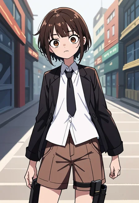 Score_9, score_8_up, score_7_up, source_anime, rating_safe,
high quality, detailed, highres, highly detailed, high resolution, anme screencap,
woman, petite, skinny, black hair, (messy hair:0.4),
pikaole, cute,
(bags under eyes:0.4), (empty eyes:0.7),
(brown shorts:1.1), roll out shorts, (black tights:1.1), business jacket, (necktie:1.1), white shirt, (untucked shirt:1.2), (hip holster:1.2)
blurry background,