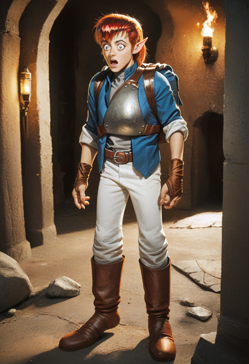 score_9, score_8_up, score_7_up, 1boy, Alundra, red hair, short ponytail, bangs, pointy ears, blue eyes, blue jacket, white cuffs, gray undershirt, steel half-breastplate, fingerless gloves, backpack, leather belt, white pants, knee-high leather boots, inside, dungeon, waterway, torch, (surprised expression:1.6)