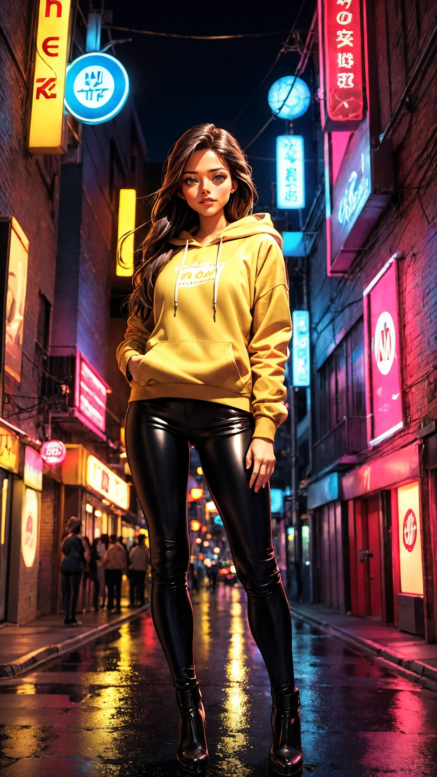 samrelagado, 3d background, crowded,
3D, hyper detailed, young woman, standing with arms crossed, serious expression, long brown hair with highlights, golden hoodie, black leather pants, urban alley, neon signs, city at night, soft reflections, perfect proportions, realistic hands, vibrant colors
<lora:add_detail:0.4>