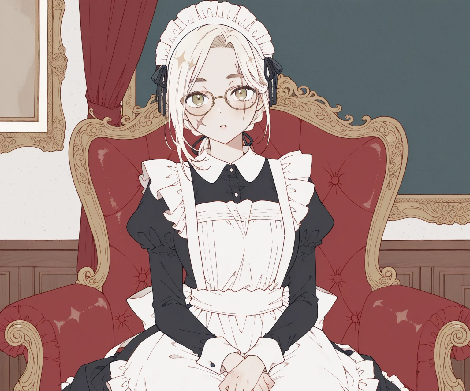 masterpiece, best quality, amazing quality, , 1girl, solo, glasses, scar on face, looking at viewer,maid, maid headdress, sitting, mature female, <lora:o0Platinum0o style ILL-v2:1> o0Platinum0o, detailed background