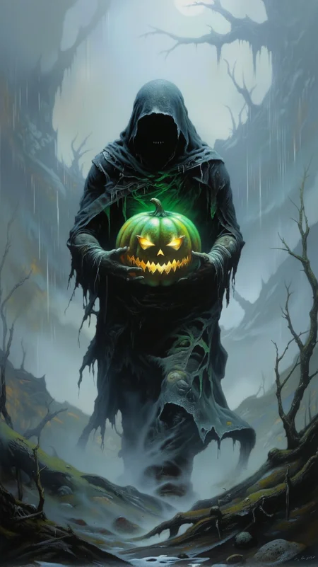 A highly detailed, fantasy scene set in a desolate, fog-covered wilderness. A tattered, black-robed wizard with a completely obscured face walks slowly through the dense, swirling mist. The scene is dominated by gray rain and thick fog, casting a gloomy, monochromatic atmosphere. In his arms, the wizard cradles a glowing Halloween pumpkin, emitting an eerie blend of yellow and green light. This strange glow cuts through the fog, casting an unsettling, flickering light across the mist and casting long, distorted shadows. The contrasting hues of the glowing pumpkin create an ominous, otherworldly effect against the cold, colorless background, heightening the sense of mystery and danger.<lora:dark_fantasy_flux:0.7> <lora:detailed:0.7> <lora:sxz-Dark-Fantasy-v2-Flux:0.7> <lora:frazetta_flux_v2:0.7> <lora:Dark_Landscapes:0.6>