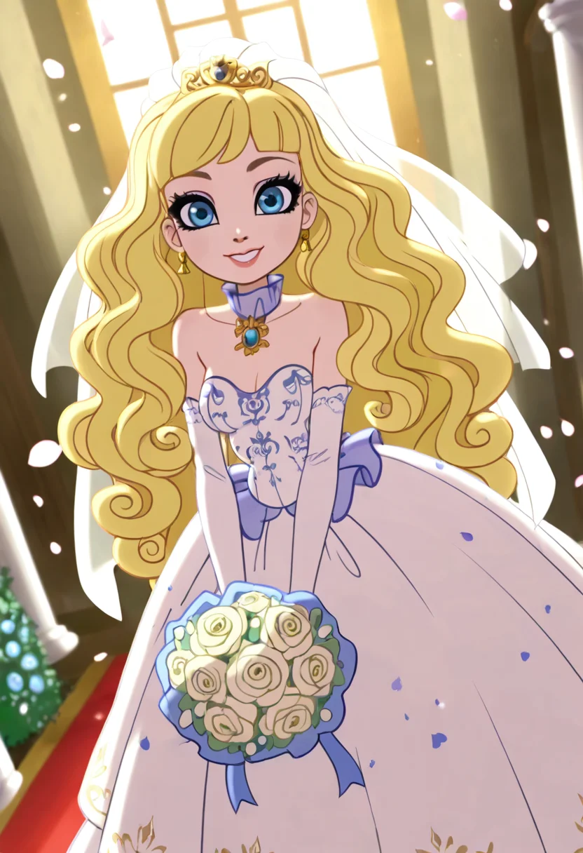 masterpiece, best quality, solo, curvy, beautiful eyes,  narrow waist, wide hips, smile, looking at viewer, zzBlondie, blue eyes, blonde hair, curly hair, long hair, wavy hair,  ,     <lora:BlondieLockesEAH_IXL:0.8>,  dynamic angle, foreshortening, close up, [Elegant Bridal Moment], Strapless wedding dress, elbow-length gloves, flowing bridal veil, white heels, delicate bouquet, Standing in a sunlit garden aisle, surrounded by soft flower petals and dappled light filtering through trees, radiating grace before the ceremony.