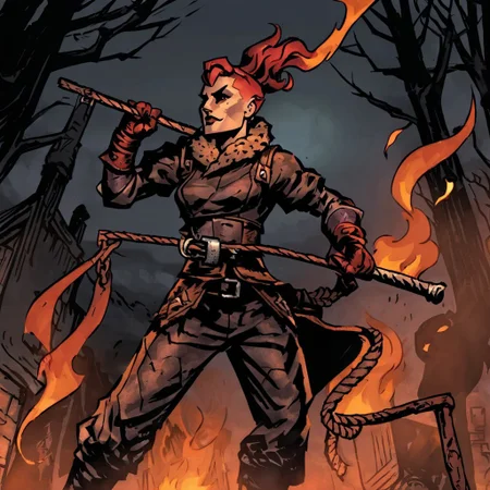 high-definition 8k comicish artwork in dgst artstyle of an acrobat woman at night, (buzzcut, gambeson, fur belt, short sleeves, loose breeches, gloves), firebreathing, smoke and fire effects, holding staff on fire