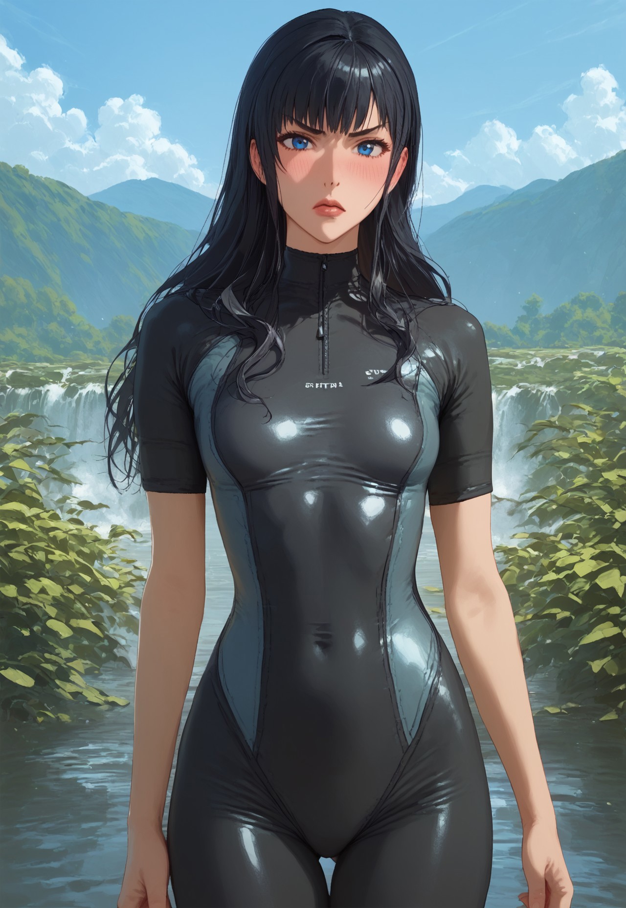safe_pos, score_9, score_8_up, score_7_up,best quality,(realistic),1girl,solo,gaia \(ff14\), black hair, blue eyes, lips, (wetsuitBBS, short sleeves wetsuitBBS, black wetsuit), skinny body, small breasts, detailed, detailed skin, matte skin, blush, disgust, looking at viewer,standing,scenery,masterpiece,very aesthetic,easynegative,at Reef, front view, thigh-to-head shot