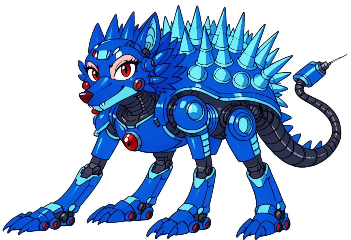 source_furry, hari harry, friender, wolf, hedgewolf, megaman, megaman3, needle wolf, spikey shell, red eyes and gem (on body), claws, robotic, friender, hedgewolf, spike, spike head, spikey shell, boss, robot, solo, (female:2), full body, looking at viewer, simple background, anthro, Artifyber_style, kind, calm, cute pose