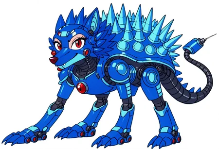 source_furry, hari harry, friender, wolf, hedgewolf, megaman, megaman3, needle wolf, spikey shell, red eyes and gem (on body), claws, robotic, friender, hedgewolf, spike, spike head, spikey shell, boss, robot, solo, (female:2), full body, looking at viewer, simple background, anthro, Artifyber_style, kind, calm, cute pose
