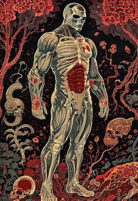 human anatomy cross-sections layers, skin peeled revealing doom slayer blood petals musculature, lush scarlet red hellscape, hellfire, fiery organ systems, demonic neural network harsh spikes composing bone structures, intricately detailed vascular vegetal networks, intertwining roots vine musculature, vibrant jewel-toned black spikes pistils stamens bloodied viscera, verdant emerald moss creeping skin textures, life sprouting from earthy interior, Doomguy, soviet poster, all written in soviet style posters, full body,