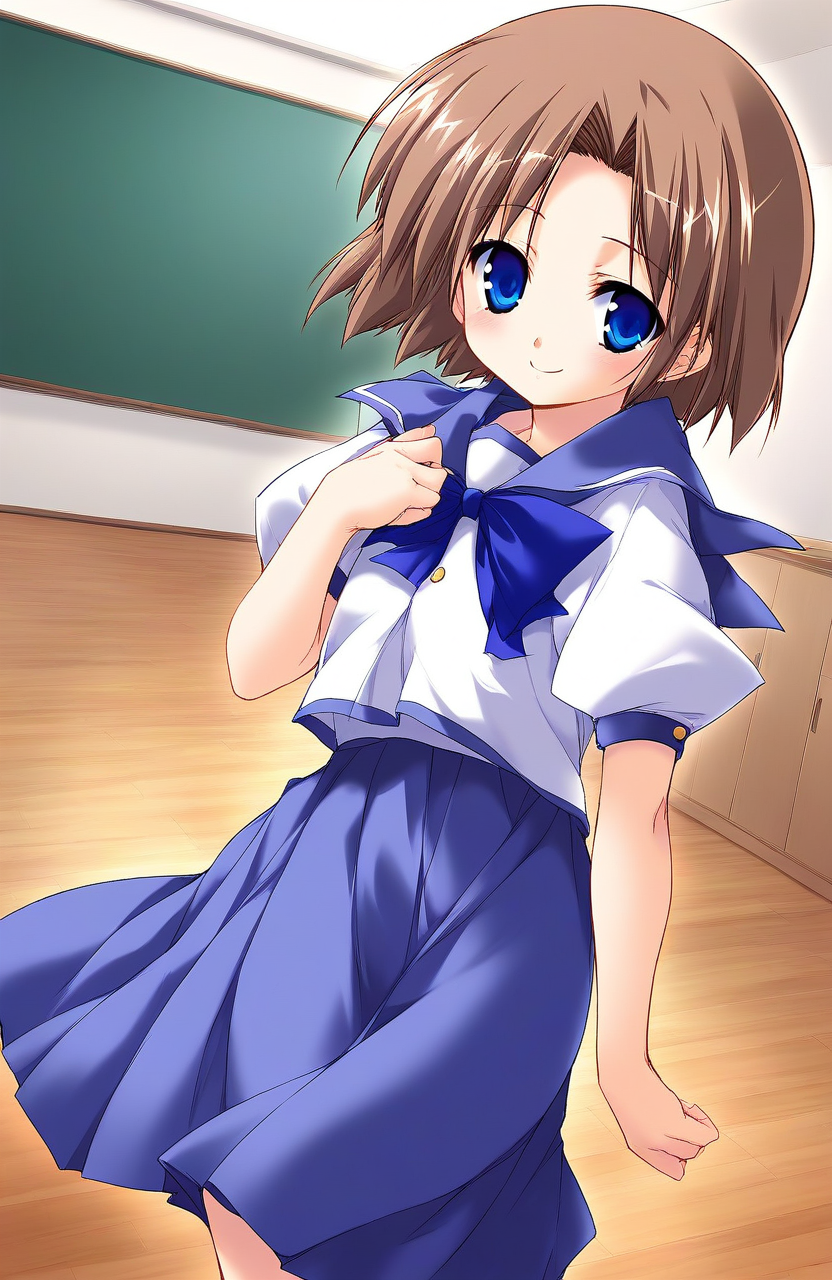 score_9, score_8_up, score_7_up, source_anime, rating_explicit, BREAK   <lora:Shiki_Akimi_Ver2.0_XL:1> ShikiAkimi, brown hair, blue eyes, short hair, short stack,
 solo, school uniform, blue skirt, long skirt, 
room, flooring, curtain, 
smile, 
looking at viewer, 
cowboy_Shot,