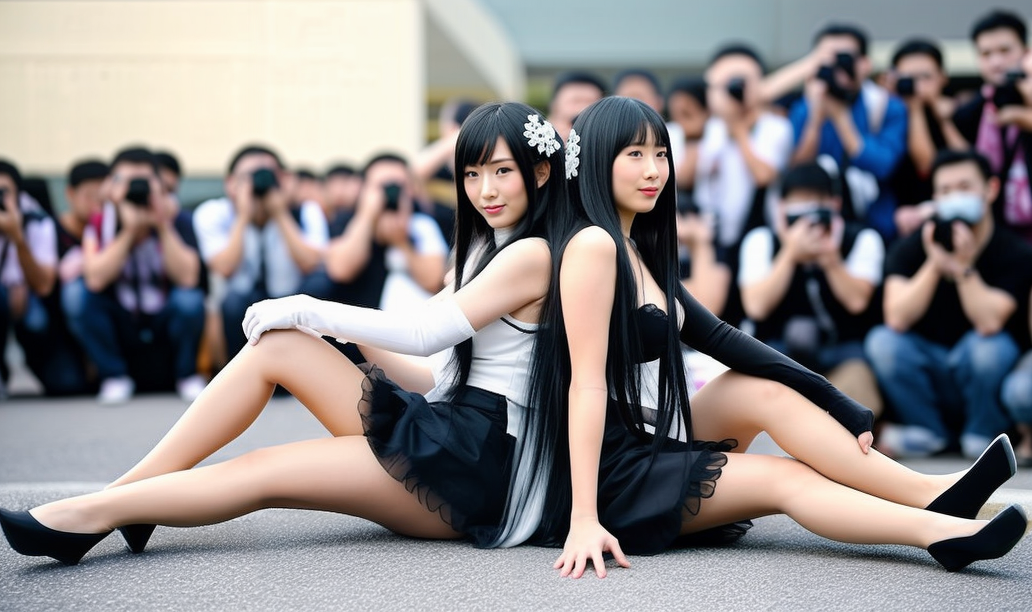 reddit, r/nsfwcosplay,beautiful 18-year-old Chinese woman,
wide angle,view of two women from side,multiple clothed male photographers taking photos of two women with cameras,multiple clothed male photographers taking photos of the same two women with phones,multiple photographer backgrounds,two women sitting,two women focus,two women looking away,a woman wearing white high heels,another woman wearing black high heels,taking picture,a woman has black hair,the other has blonde hair,high heels,crowd,long hair,dress,elbow gloves,black gloves,cosplay,multiple photographers wearing mouth mask,white footwear,breasts,smile,crossed legs,skirt
<lora:cosplay & multiple photographer backgrounds_V1:0.85>,<lora:depth of field slider v1-æ¯æ·±:-6>,depth of field,blurry background <lora:asianbabe_V6:0.5>
outdoors,square,<lora:LCM_LoRA_Weights_SD15å éå¨:1>