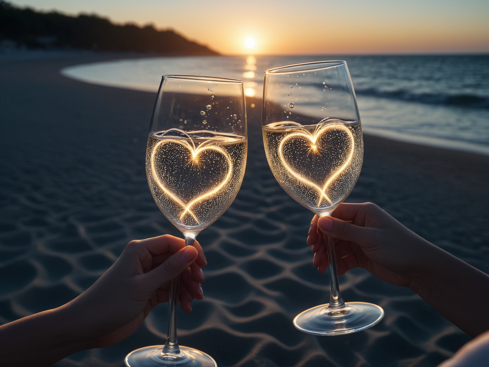 man and woman toasting at a beach party with glasses, sparkling vine mad-spklgwtr love heart, <lora:Sparkling_Water_SDXL:0.6>, masterpiece, best quality, ultra high res, (photorealistic, realistic:1.2), deep shadow, raw photo, film grain, Fujifilm XT3, 8k uhd, dslr