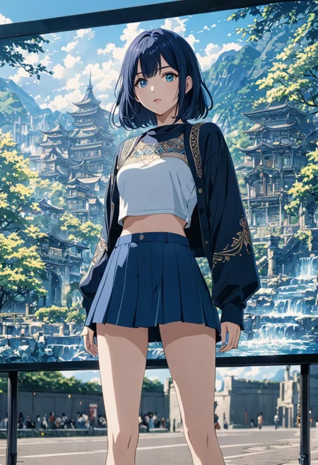 gorgeous lips, cinematic, (masterpiece), (best quality), (ultra-detailed), very aesthetic, perfect composition, intricate details, absurdres, detailed face, (anime, masterpiece, intricate:1.3), (best quality, hires textures, high detail:1.2), (4k),(incredibly detailed:1.4)
1girl, dark blue hair, BREAK, vibrant eyes, light blue eyes, crop top, miniskirt, skinny body, medium breasts,
outdoors, full body,
intricate details, anime screen cap, AddXL